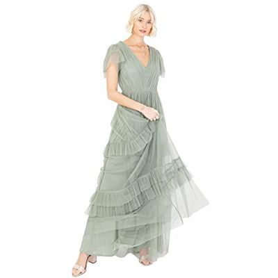 Anaya with Love Damen Short Sleeve Evening Ball Gown Tiered V Neck Bow Tie Bridesmaid Wedding Guest Prom Long Kleid, Frosted Green, 38 EU (UK 10) Anaya with Love Damen Short Sleeve Evening Ball Gown Tiered V Neck Bow Tie Bridesmaid Wedding Guest Prom Long Kleid, Frosted Green, 38 EU (UK 10)