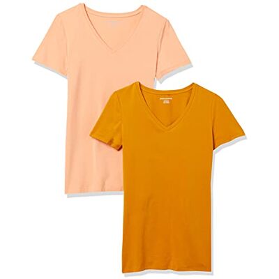 Amazon Essentials Damen T-Shirt Regular Fit mit kurzen Ärmeln und V-Ausschnitt, 2er-Pack, Korallenorange/Goldgelb, XS Amazon Essentials Damen T-Shirt Regular Fit mit kurzen Ärmeln und V-Ausschnitt, 2er-Pack, Korallenorange/Goldgelb, XS