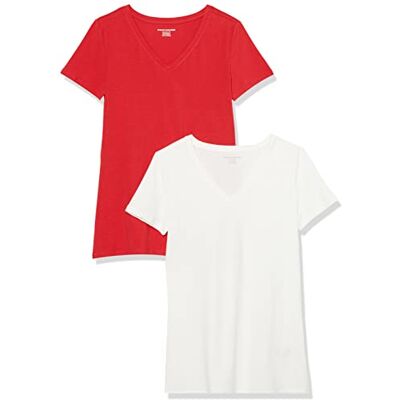 Amazon Essentials Damen T-Shirt Regular Fit mit kurzen Ärmeln und V-Ausschnitt, 2er-Pack, Rot/Weiß, XXL Amazon Essentials Damen T-Shirt Regular Fit mit kurzen Ärmeln und V-Ausschnitt, 2er-Pack, Rot/Weiß, XXL