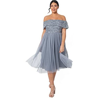 Maya Deluxe Damen Evening Women's Bardot Evening Midi High Sequins Cocktail Elegant Wedd Bridesmaid Dress, Dusty Blue, 34 EU Maya Deluxe Damen Evening Women's Bardot Evening Midi High Sequins Cocktail Elegant Wedd Bridesmaid Dress, Dusty Blue, 34 EU