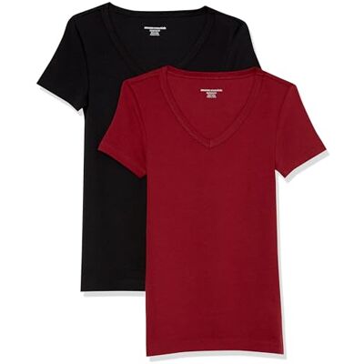 Amazon Essentials Damen Kurzärmeliges T-Shirt mit V-Ausschnitt, Schmale Passform, 2er-Pack, Schwarz/Burgunderrot, XXL Amazon Essentials Damen Kurzärmeliges T-Shirt mit V-Ausschnitt, Schmale Passform, 2er-Pack, Schwarz/Burgunderrot, XXL