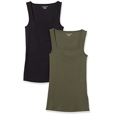 Amazon Essentials Damen Schmal Geschnittenes Tanktop Mit Quadratischem Ausschnitt, 2er-Pack, Schwarz/Dunkles Olivgrün, L Amazon Essentials Damen Schmal Geschnittenes Tanktop Mit Quadratischem Ausschnitt, 2er-Pack, Schwarz/Dunkles Olivgrün, L