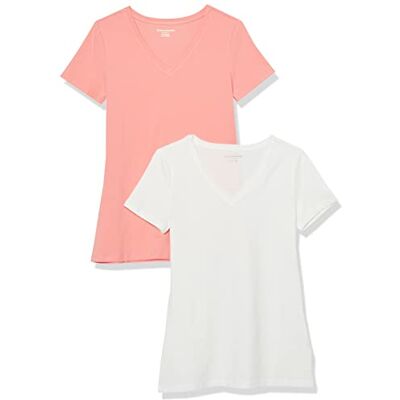 Amazon Essentials Damen Kurzärmliges Regular-Fit-T-Shirt (Varianten mit Rundhalsausschnitt und V-Ausschnitt), Pack of 2, Pfirsich/Weiß, XXL Amazon Essentials Damen Kurzärmliges Regular-Fit-T-Shirt (Varianten mit Rundhalsausschnitt und V-Ausschnitt), Pack of 2, Pfirsich/Weiß, XXL