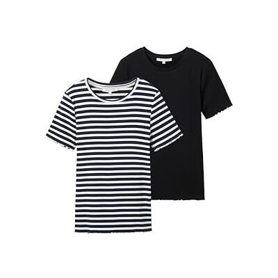 TOM TAILOR Denim Damen Basic T-Shirt im Doppelpack,36998 Dark Blue White Stripe, XL TOM TAILOR Denim Damen Basic T-Shirt im Doppelpack,36998 Dark Blue White Stripe, XL