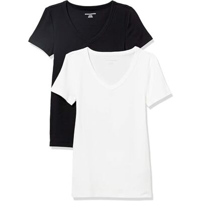 Amazon Essentials Damen Kurzärmeliges T-Shirt mit V-Ausschnitt, Schmale Passform, 2er-Pack, Schwarz/Weiß, XXL Amazon Essentials Damen Kurzärmeliges T-Shirt mit V-Ausschnitt, Schmale Passform, 2er-Pack, Schwarz/Weiß, XXL