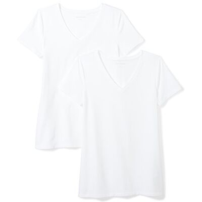 Amazon Essentials Damen T-Shirt Regular Fit mit kurzen Ärmeln und V-Ausschnitt, 2er-Pack, Weiß, XS-S Amazon Essentials Damen T-Shirt Regular Fit mit kurzen Ärmeln und V-Ausschnitt, 2er-Pack, Weiß, XS-S