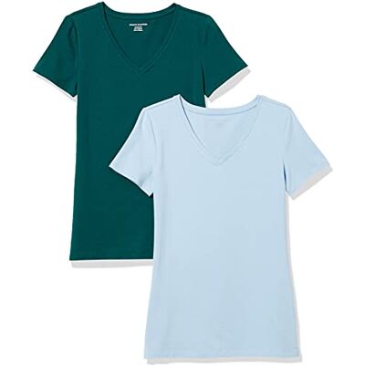 Amazon Essentials Damen Kurzärmliges Regular-Fit-T-Shirt (Varianten mit Rundhalsausschnitt und V-Ausschnitt), Pack of 2, Dunkelgrün/Puderblau, XXL Amazon Essentials Damen Kurzärmliges Regular-Fit-T-Shirt (Varianten mit Rundhalsausschnitt und V-Ausschnitt), Pack of 2, Dunkelgrün/Puderblau, XXL