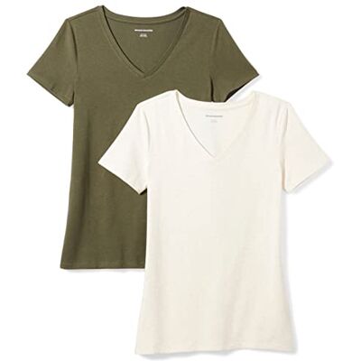 Amazon Essentials Damen T-Shirt Regular Fit mit kurzen Ärmeln und V-Ausschnitt, 2er-Pack, Olive/Oatmeal Heather, XXL Amazon Essentials Damen T-Shirt Regular Fit mit kurzen Ärmeln und V-Ausschnitt, 2er-Pack, Olive/Oatmeal Heather, XXL