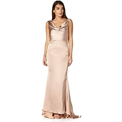 Jarlo London Damen Electra Maxikleid mit Wasserfallfallausschnitt Kleid, Slinky Nude, 40 Jarlo London Damen Electra Maxikleid mit Wasserfallfallausschnitt Kleid, Slinky Nude, 40