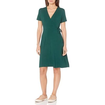 Amazon Essentials Damen Kurzärmliges Kleid mit Wickeloptik, Jadegrün, L Amazon Essentials Damen Kurzärmliges Kleid mit Wickeloptik, Jadegrün, L