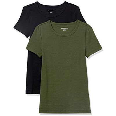 Amazon Essentials Damen Kurzärmeliges T-Shirt mit Rundhalsausschnitt, Schmale Passform, 2er-Pack, Dunkles Olivgrün/Schwarz, XXL Amazon Essentials Damen Kurzärmeliges T-Shirt mit Rundhalsausschnitt, Schmale Passform, 2er-Pack, Dunkles Olivgrün/Schwarz, XXL
