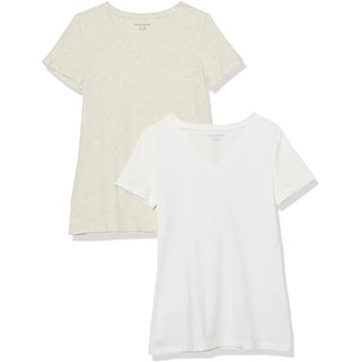 Amazon Essentials Damen T-Shirt Regular Fit mit kurzen Ärmeln und V-Ausschnitt, 2er-Pack, Haferbeige Meliert/Weiß, XXL Amazon Essentials Damen T-Shirt Regular Fit mit kurzen Ärmeln und V-Ausschnitt, 2er-Pack, Haferbeige Meliert/Weiß, XXL
