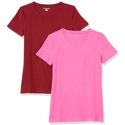 Amazon Essentials Damen Kurzärmliges Regular-Fit-T-Shirt (Varianten mit Rundhalsausschnitt und V-Ausschnitt), Pack of 2, Burgunderrot/Rosa, XXL Amazon Essentials Damen Kurzärmliges Regular-Fit-T-Shirt (Varianten mit Rundhalsausschnitt und V-Ausschnitt), Pack of 2, Burgunderrot/Rosa, XXL