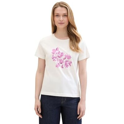 TOM TAILOR Damen Basic T-Shirt mit Print, Offwhite, L TOM TAILOR Damen Basic T-Shirt mit Print, Offwhite, L