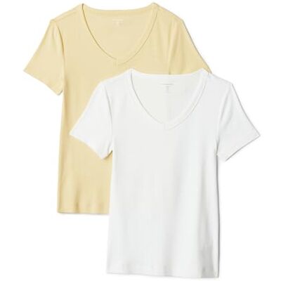 Amazon Essentials Damen Kurzärmeliges T-Shirt mit V-Ausschnitt, Schmale Passform, 2er-Pack, Pastellgelb/Weiß, L Amazon Essentials Damen Kurzärmeliges T-Shirt mit V-Ausschnitt, Schmale Passform, 2er-Pack, Pastellgelb/Weiß, L