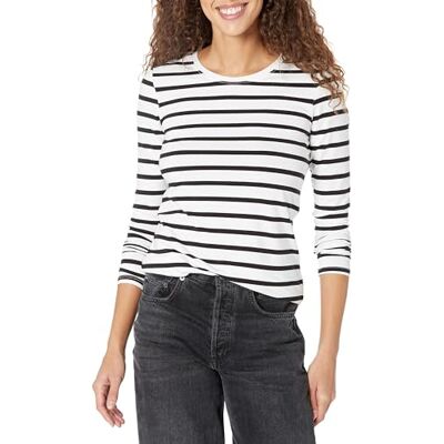 Amazon Essentials Damen Langärmeliges T-Shirt mit Rundhalsausschnitt in klassischer Passform (erhältlich in Übergröße), Schwarz/Weiß gestreift, Größe M Amazon Essentials Damen Langärmeliges T-Shirt mit Rundhalsausschnitt in klassischer Passform (erhältlich in Übergröße), Schwarz/Weiß gestreift, Größe M