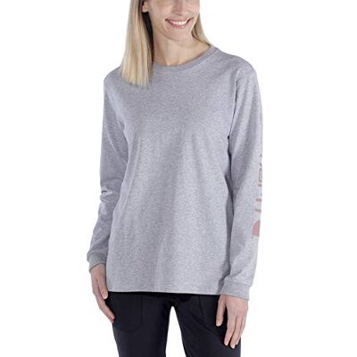 Carhartt Damen Loose Fit, schweres, langärmliges T-Shirt mit Logo-Grafik auf dem Ärmel, Grau meliert, XS Carhartt Damen Loose Fit, schweres, langärmliges T-Shirt mit Logo-Grafik auf dem Ärmel, Grau meliert, XS