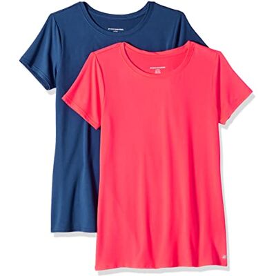Amazon Essentials Damen Schnelltrocknendes Kurzärmliges Sport-T-Shirt aus Tech Stretch mit Rundhalsausschnitt, 2er-Pack, Kräftiges Rosa/Marineblau, L Amazon Essentials Damen Schnelltrocknendes Kurzärmliges Sport-T-Shirt aus Tech Stretch mit Rundhalsausschnitt, 2er-Pack, Kräftiges Rosa/Marineblau, L
