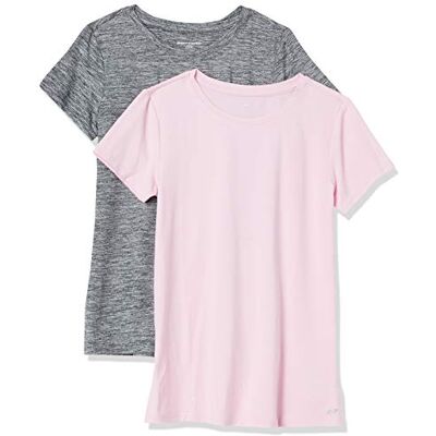Amazon Essentials Damen Schnelltrocknendes Kurzärmliges Sport-T-Shirt aus Tech Stretch mit Rundhalsausschnitt, 2er-Pack, Grau Space-dye/Hellrosa, L Amazon Essentials Damen Schnelltrocknendes Kurzärmliges Sport-T-Shirt aus Tech Stretch mit Rundhalsausschnitt, 2er-Pack, Grau Space-dye/Hellrosa, L