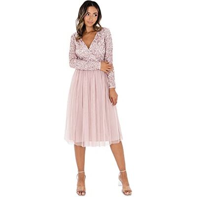 Maya Deluxe Women's Maya Faux Warp Front Embellished Midi Bridesmaid Dress, Frosted Pink,44 Maya Deluxe Women's Maya Faux Warp Front Embellished Midi Bridesmaid Dress, Frosted Pink,44