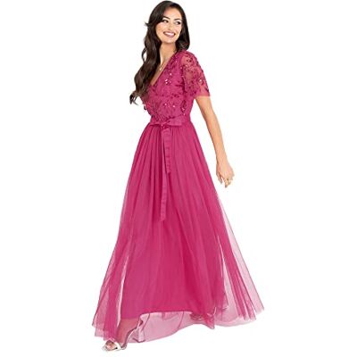 Maya Deluxe Damen Womens Maxi Dress Ladies Ball Gown for Wedding Guest Embellished Tie Waist V Neck Bridesmaid Prom Evening Occasion Kleid, Fuchsia, Maya Deluxe Damen Womens Maxi Dress Ladies Ball Gown for Wedding Guest Embellished Tie Waist V Neck Bridesmaid Prom Evening Occasion Kleid, Fuchsia,