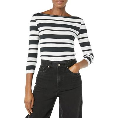 Amazon Essentials Damen Bateau-Ausschnitt T-Shirt mit 3/4-Ärmeln, Schmale Passform, Schwarz Weiß Platzierter Streifen, M Amazon Essentials Damen Bateau-Ausschnitt T-Shirt mit 3/4-Ärmeln, Schmale Passform, Schwarz Weiß Platzierter Streifen, M