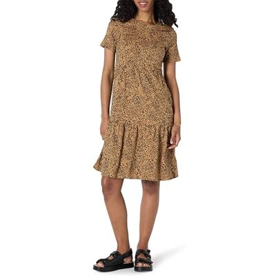 Amazon Essentials Damen Kurzärmliges, gestuftes Kleid mit Rundhalsausschnitt, Dunkles Kamelbraun Leopardenmuster, L Amazon Essentials Damen Kurzärmliges, gestuftes Kleid mit Rundhalsausschnitt, Dunkles Kamelbraun Leopardenmuster, L