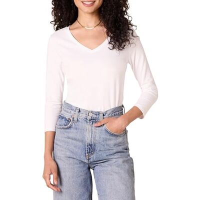 Amazon Essentials Damen-T-Shirt mit 3/4-Ärmeln, V-Ausschnitt (erhältlich in Übergröße), Weiß, XX-Large Amazon Essentials Damen-T-Shirt mit 3/4-Ärmeln, V-Ausschnitt (erhältlich in Übergröße), Weiß, XX-Large