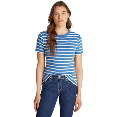 Tommy Hilfiger Damen T-Shirt Kurzarm Slim Cody Rundhalsausschnitt, Mehrfarbig (Fine STP Blue Spell/Ivory Petal), XXL Tommy Hilfiger Damen T-Shirt Kurzarm Slim Cody Rundhalsausschnitt, Mehrfarbig (Fine STP Blue Spell/Ivory Petal), XXL