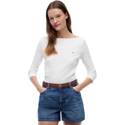 Tommy Hilfiger Damen Langarmshirt New Cody Slim U-Boot-Ausschnitt, Weiß (Nos Ecru), L Tommy Hilfiger Damen Langarmshirt New Cody Slim U-Boot-Ausschnitt, Weiß (Nos Ecru), L