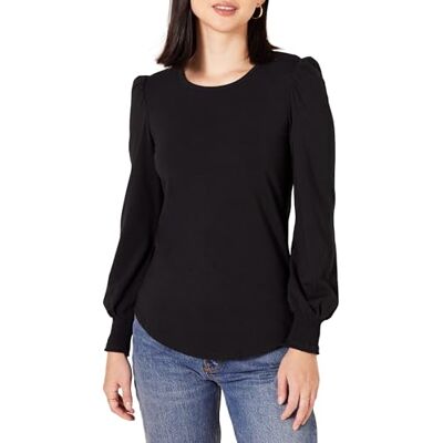 Amazon Essentials Damen Langarm-T-Shirt mit Rundhalsausschnitt und gesmokten Bündchen, Schwarz, XS Amazon Essentials Damen Langarm-T-Shirt mit Rundhalsausschnitt und gesmokten Bündchen, Schwarz, XS