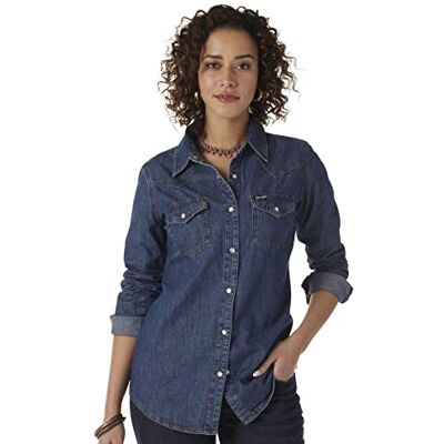 Wrangler , Retro Langarm-Western-Hemd für Damen mit Druckknöpfen, in Mittelblau Wrangler , Retro Langarm-Western-Hemd für Damen mit Druckknöpfen, in Mittelblau
