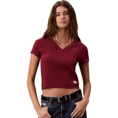 Calvin Damen T-Shirt Kurzarm Woven Label Rib Tee mit V-Ausschnitt Calvin Damen T-Shirt Kurzarm Woven Label Rib Tee mit V-Ausschnitt