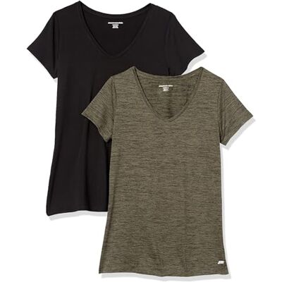Amazon Essentials Damen Active Quick Dry Tech Stretch Kurzarm-T-Shirt mit V-Ausschnitt (in Übergröße erhältlich), 2er-Pack, Olivgrüner Weltraumfarbstoff/Schwarz, XL Amazon Essentials Damen Active Quick Dry Tech Stretch Kurzarm-T-Shirt mit V-Ausschnitt (in Übergröße erhältlich), 2er-Pack, Olivgrüner Weltraumfarbstoff/Schwarz, XL
