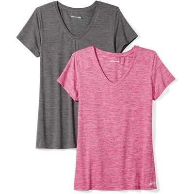 Amazon Essentials Damen Active Quick Dry Tech Stretch Kurzarm-T-Shirt mit V-Ausschnitt (in Übergröße erhältlich), 2er-Pack, Dunkelgrau Meliert Space-dye/Himbeerrot Space-dye, L Amazon Essentials Damen Active Quick Dry Tech Stretch Kurzarm-T-Shirt mit V-Ausschnitt (in Übergröße erhältlich), 2er-Pack, Dunkelgrau Meliert Space-dye/Himbeerrot Space-dye, L