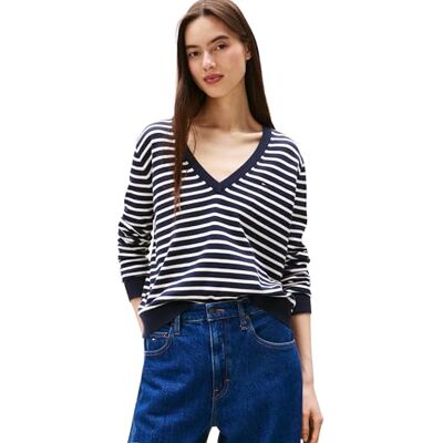 Tommy Jeans Damen Tjw Essential Vneck Sweater EXT Dw0dw17251 Pullover, Blue (Dark Night Navy/Stripe), XL EU Tommy Jeans Damen Tjw Essential Vneck Sweater EXT Dw0dw17251 Pullover, Blue (Dark Night Navy/Stripe), XL EU