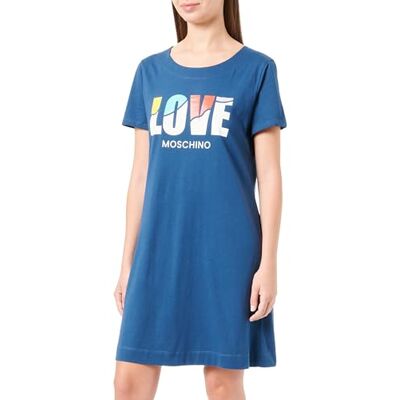 Love Moschino Short-Sleeved A-line Dress in 30/1 Cotton Jersey, Customized with Multicolor Transfer Print on Front. Love Moschino Short-Sleeved A-line Dress in 30/1 Cotton Jersey, Customized with Multicolor Transfer Print on Front.