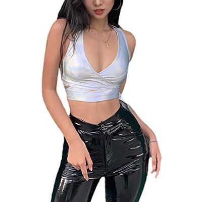 Mocure Holografisches Metallic-Crop-Top, Bustier, Schlauch-Top, Bluse, Rave-T-Shirt für Damen, Silberfarbenes Halfter, Small Mocure Holografisches Metallic-Crop-Top, Bustier, Schlauch-Top, Bluse, Rave-T-Shirt für Damen, Silberfarbenes Halfter, Small