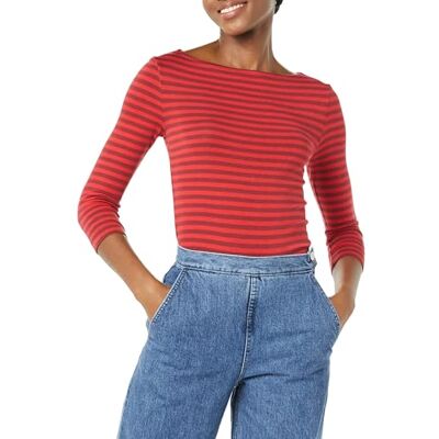 Amazon Essentials Damen Bateau-Ausschnitt T-Shirt mit 3/4-Ärmeln, Schmale Passform, Rot Burgunderrot Streifen, M Amazon Essentials Damen Bateau-Ausschnitt T-Shirt mit 3/4-Ärmeln, Schmale Passform, Rot Burgunderrot Streifen, M