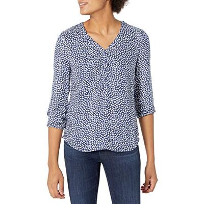 Amazon Essentials Damen Popover-Shirt Mit 3/4-Ärmeln Und Knöpfen, Locker Sitzende Bluse Mit V-Ausschnitt, Marineblau Weiß Blütenblätter, XS Amazon Essentials Damen Popover-Shirt Mit 3/4-Ärmeln Und Knöpfen, Locker Sitzende Bluse Mit V-Ausschnitt, Marineblau Weiß Blütenblätter, XS