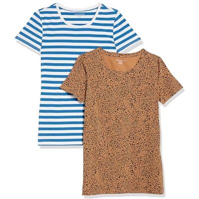 Amazon Essentials Damen T-Shirt mit kurzen Ärmeln und Rundhalsausschnitt in normaler Passform, 2er-Pack, Blau Streifen/Kamelbraun Tier, XXL Amazon Essentials Damen T-Shirt mit kurzen Ärmeln und Rundhalsausschnitt in normaler Passform, 2er-Pack, Blau Streifen/Kamelbraun Tier, XXL