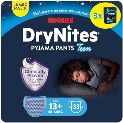 HUGGIES DryNites Nachtwindeln bei Bettnässen, für Jungen ab 13 bis ca. 17 Jahre (48-60 KG), 33 Stück (3x11), Jumbo-Monatspack, Windel-Pants XL HUGGIES DryNites Nachtwindeln bei Bettnässen, für Jungen ab 13 bis ca. 17 Jahre (48-60 KG), 33 Stück (3x11), Jumbo-Monatspack, Windel-Pants XL