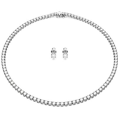 Swarovski Matrix Tennis Set, Rhodinierte Halskette und Ohrringe mit Strahlenden Weißen Kristallen Swarovski Matrix Tennis Set, Rhodinierte Halskette und Ohrringe mit Strahlenden Weißen Kristallen