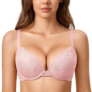 DOBREVA Damen Push Up BH Mit Spitze Gepolstert Plunge Bügel Vollschalen BHS Gemoldete Cups Nacktes Rosa 90A DOBREVA Damen Push Up BH Mit Spitze Gepolstert Plunge Bügel Vollschalen BHS Gemoldete Cups Nacktes Rosa 90A