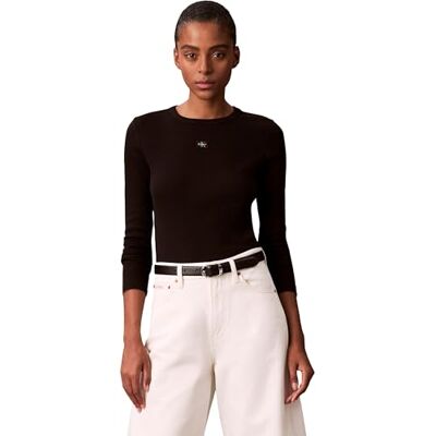 Calvin Damen Langarmshirt Woven Label mit Rundhalsausschnitt, Schwarz (Black), XS Calvin Damen Langarmshirt Woven Label mit Rundhalsausschnitt, Schwarz (Black), XS