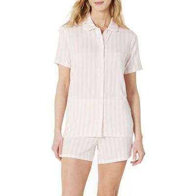 Amazon Essentials x Sofia Grainge Damen Pyjama-Set, eng anliegend, mit kurzen Ärmeln, Blassrosa Kühner Streifen, L Amazon Essentials x Sofia Grainge Damen Pyjama-Set, eng anliegend, mit kurzen Ärmeln, Blassrosa Kühner Streifen, L