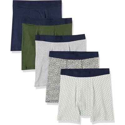 Amazon Essentials Herren Atmungsaktive Boxershorts aus Baumwolle, ohne Etikett, 5er-Pack, Grau Meliert/Grün Floral/Marineblau/Olivgrün/Rugby Aufdruck, XXL Amazon Essentials Herren Atmungsaktive Boxershorts aus Baumwolle, ohne Etikett, 5er-Pack, Grau Meliert/Grün Floral/Marineblau/Olivgrün/Rugby Aufdruck, XXL