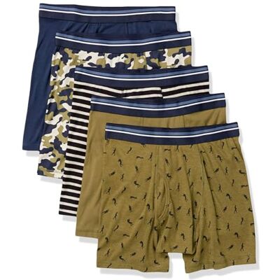 Amazon Essentials Herren Atmungsaktive Boxershorts aus Baumwolle, ohne Etikett, 5er-Pack, Armeegrün/Dunkelblau/Krieger/Schwarz Weiß Streifen/Tarnmuster, M Amazon Essentials Herren Atmungsaktive Boxershorts aus Baumwolle, ohne Etikett, 5er-Pack, Armeegrün/Dunkelblau/Krieger/Schwarz Weiß Streifen/Tarnmuster, M