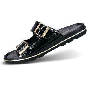 Bugatti Damen-Pantolette aus schwarzem Lackleder mit doppelten Riemen, metallischen Schnallendetails, leichten EVA-Sohlen und elegantem Sommerstil schwarz 38 EU Bugatti Damen-Pantolette aus schwarzem Lackleder mit doppelten Riemen, metallischen Schnallendetails, leichten EVA-Sohlen und elegantem Sommerstil schwarz 38 EU