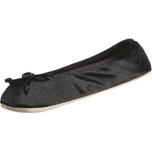 Isotoner Damen Satin Ballerina Hausschuhe mit weicher Schleife und Wildledersohle, Schwarz, 9.5-10.5 Isotoner Damen Satin Ballerina Hausschuhe mit weicher Schleife und Wildledersohle, Schwarz, 9.5-10.5